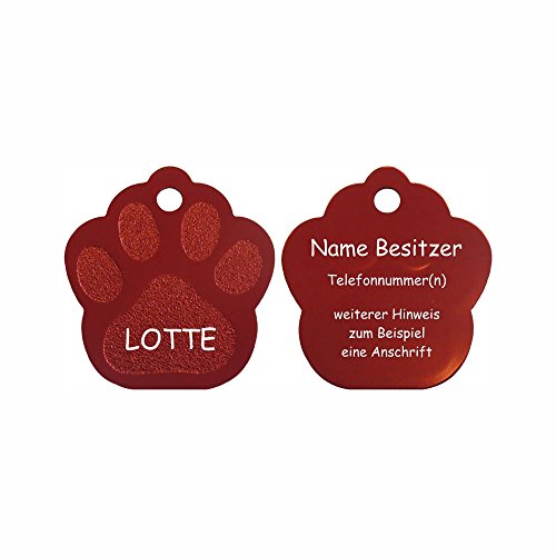 Hundemarke Pfote mit Gravur auf beiden Seiten (S (26x28mm), rot) von GravoTech