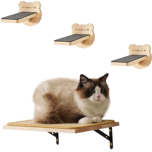 Gredak Katzenmöbel Katzenwandregale mit 3 Stufen, Gummi Massivholz, Sisalmatte, Anti-Rutsch-Pads, Wandmontage, 4 Ebenen, 9.1 kg Kapazität von Gredak