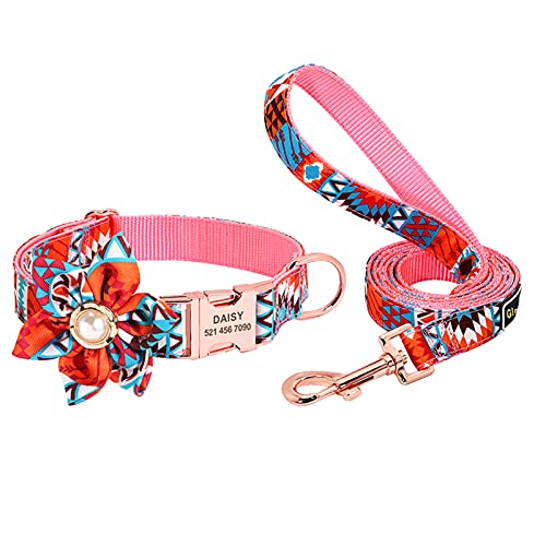 Personalisierte Hundehalsbänder, Fliege Halsband mit Hundeleinen, Hundehalsband und Leine mit Blumenmuster(Orange, S(passend für 26–40cm Halsumfang,Leine 150cm)) von Gredstar