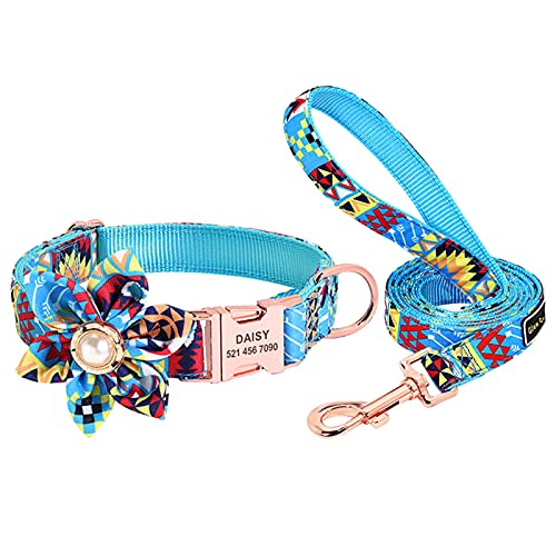 Personalisierte Hundehalsbänder, Fliege Halsband mit Hundeleinen, Hundehalsband und Leine mit Blumenmuster (Blau, L(passend für 40–60cm Halsumfang,Leine 150cm)) von Gredstar