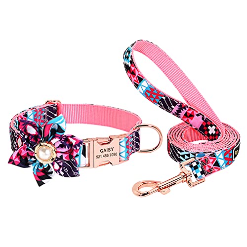 Personalisierte Hundehalsbänder, Fliege Halsband mit Hundeleinen, Hundehalsband und Leine mit Blumenmuster (Lila, L(passend für 40–60cm Halsumfang,Leine 150cm)) von Gredstar