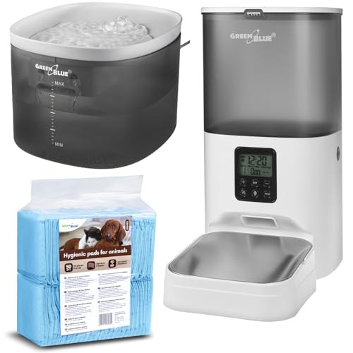 Green Blue Automatischer Wasserspender für Haustiere | Trinkbrunnen für Hunde und Katzen | 3L Fassungsvermögen | USB-betrieben | Filter (Grau, Wasserspender + Futterspender + 50x Trainingspads) von Green Blue