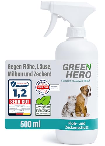 Floh- und Zeckenschutz 500 ml das Zeckenspray und Flohmittel für Hunde und Katzen, effektives Flohspray für die direkte Anwendung auf dem Tier bei akutem Befall oder zum Schutz von Green Hero