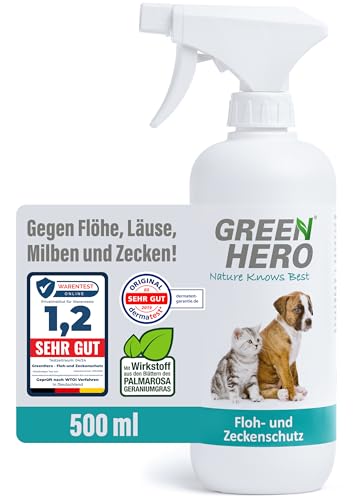 GreenHero Floh- und Zeckenschutz 500 ml das Zeckenspray und Flohmittel für Hunde und Katzen, effektives Flohspray für die direkte Anwendung auf dem Tier bei akutem Befall oder zum Schutz von Green Hero