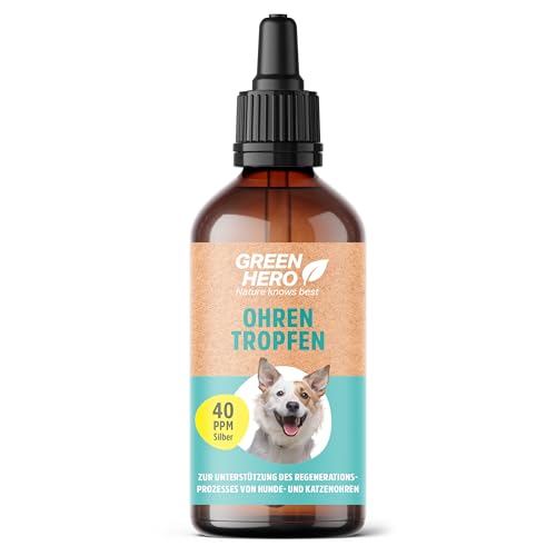 Green Hero Ohrentropfen 100 ml mit ionisch & kolloidalem Silber 99,99% 40 PPM für Hunde,Katzen & Kleintiere | Pflegende Ohrtropfen zur Regeneration bei Entzündungen, Infektionen & Juckreiz von Green Hero