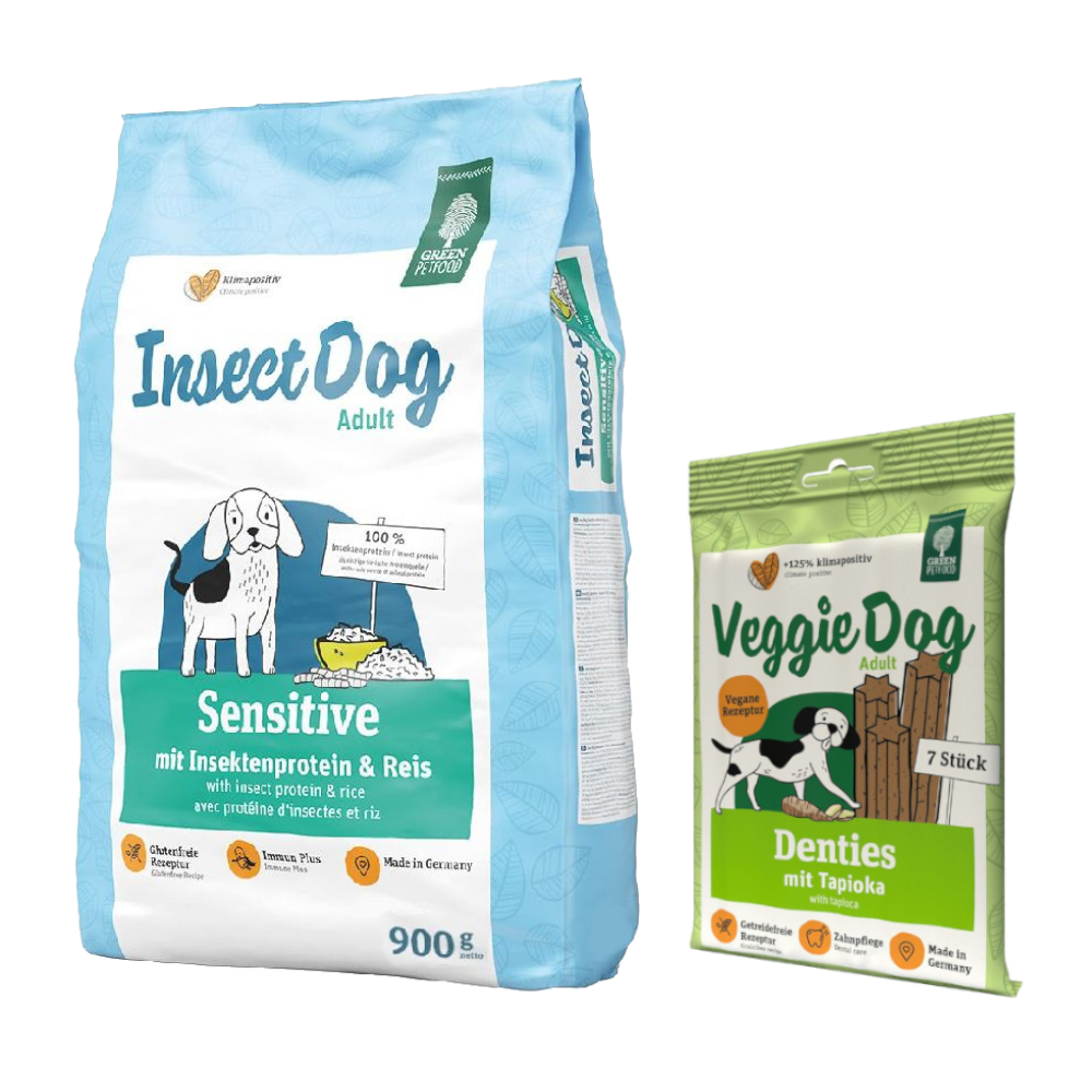 900 g Green Petfood + 180 g VeggieDog Denties Snack gratis! - InsectDog Sensitive von Green Petfood