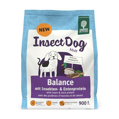 Green Petfood InsectDog Balance (1 x 900 g) | Adult | Premium Trockenfutter für ausgewachsene Hunde | Enten- & Insektenprotein | glutenfrei | mit Vitamin E & C | niedriger Fettgehalt | 1er Pack von Green Petfood