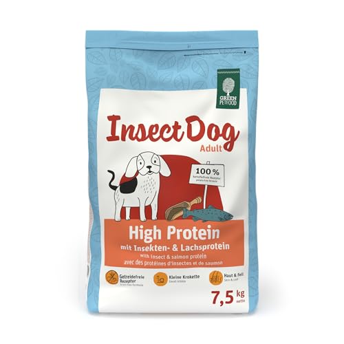 Green Petfood InsectDog High Protein (1 x 7,5 kg) | Adult | Premium Trockenfutter für ausgewachsene aktive Hunde | Lachs- & Insektenprotein & roten Linsen | kleine Krokette | getreidefrei | 1er Pack von Green Petfood