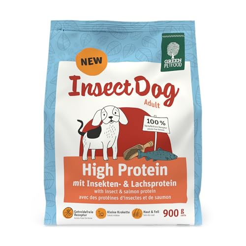 Green Petfood InsectDog High Protein (1 x 900 g) | Adult | Premium Trockenfutter für ausgewachsene aktive Hunde | Lachs- & Insektenprotein & roten Linsen | kleine Krokette | getreidefrei | 1er Pack von Green Petfood