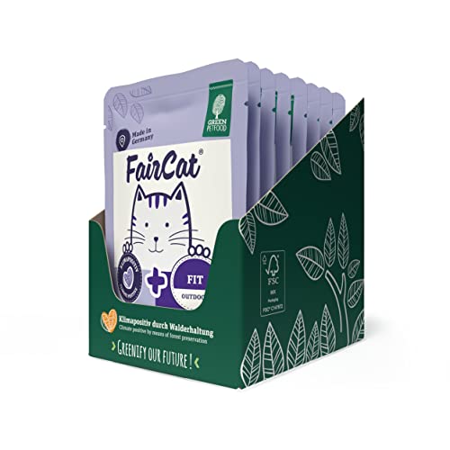 Green Petfood FairCat Fit (8 x 85 g), getreidefreis Katzenfutter für Outdoor Katzen, Katzennassfutter für ausgewachsene und aktive Katzen, Katzenfutter mit Tierwohl-Hühnchen und Lachs, 8er-Pack von Green Petfood