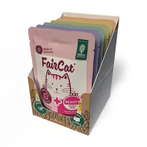 Green Petfood FairCat Multipack (6 x 85 g) | Adult | Premium Nassfutter für ausgewachsene Katzen | 6 verschiedenen leckere Sorten im Multipack | getreidefrei | Katzenfutter nass | 6er Pack von Green Petfood