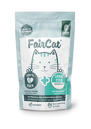 Green Petfood FairCat Sensitive (16 x 85 g), getreidefreies Katzenfutter mit Flohsamenschalen & Fenchel, Katzennassfutter für ausgewachsene und wählerische Katzen, Katzenfutter mit angenehmen Duft von Green Petfood