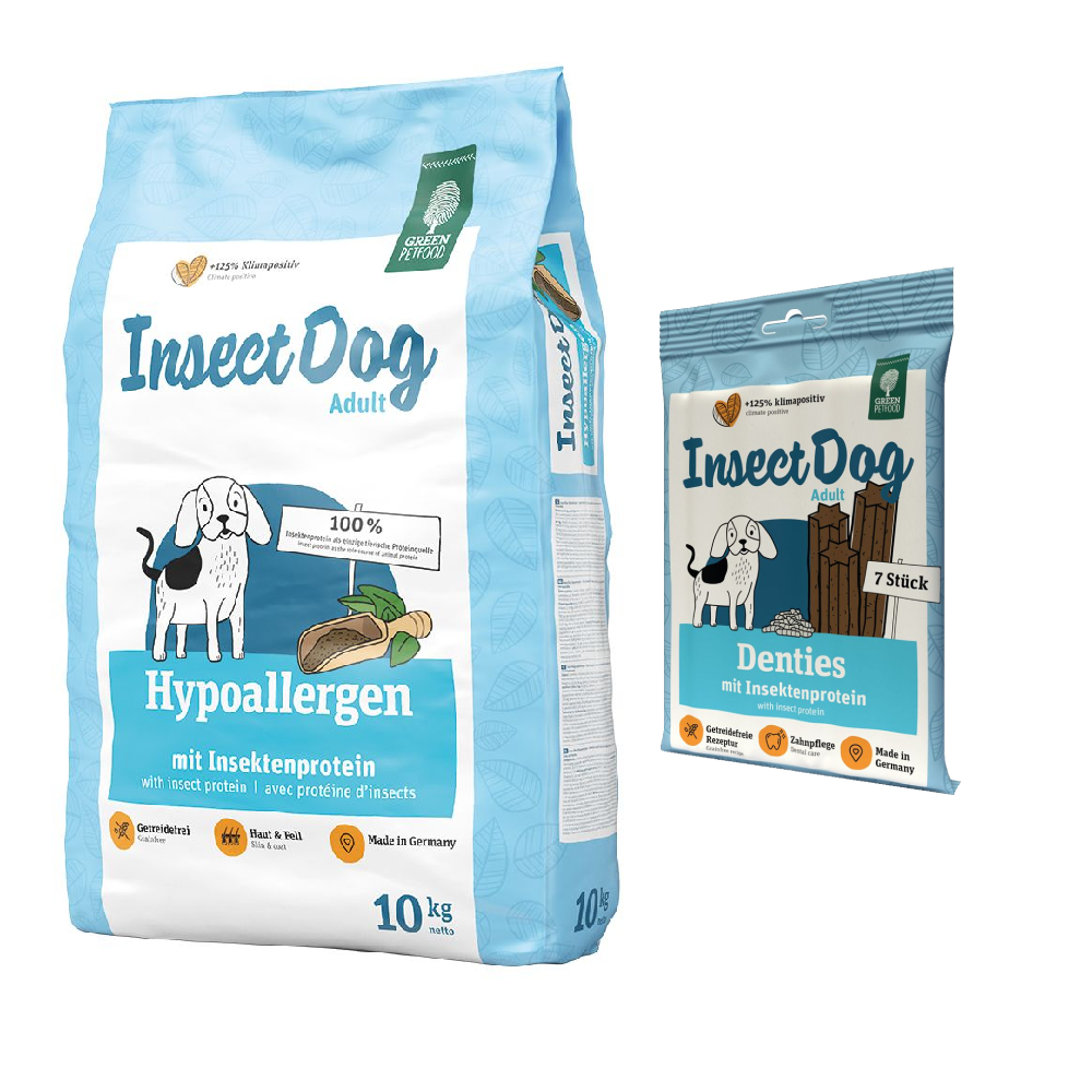 Kombi-Paket: 10 kg Green Petfood + 3 x 180 g InsectDog Denties - 10 kg InsectDog Sensitive + 3 x 180 g Denties von Green Petfood