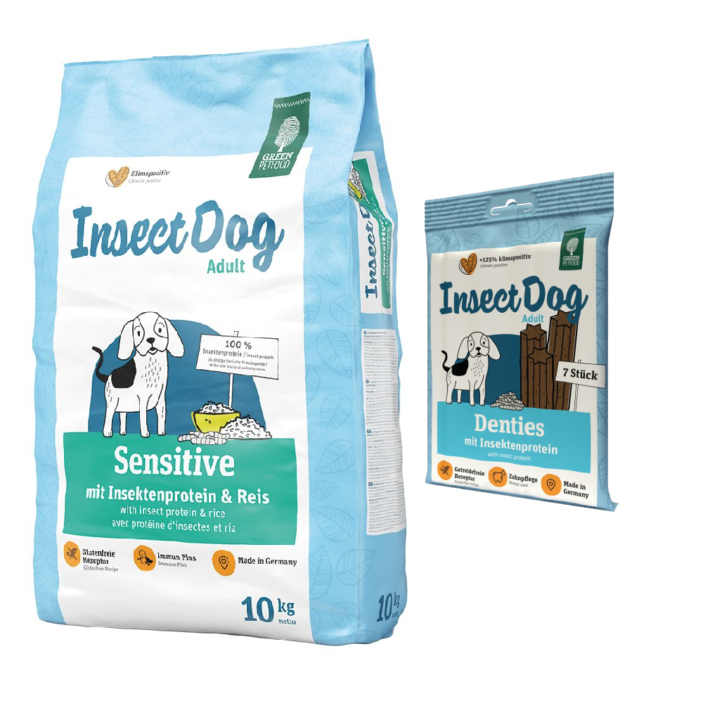 Kombi-Paket: 10 kg Green Petfood + 3 x 180 g InsectDog Denties - 10 kg Veggie Dog grainfree + 3 x 180 g Denties von Green Petfood