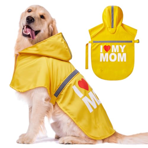 GreenJoy Hunde-Regenmantel mit niedlichem Muster, wasserdichter Hundeponcho mit Kapuze, Hunde-Regenjacke mit reflektierenden Streifen, Gelb (I Love My Mom), Größe L von GreenJoy