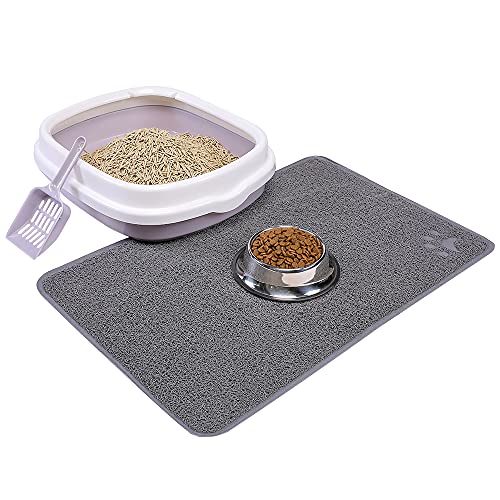 Katzentoilette mit Deckel, Katzenklo Matte, Poop Lifter Scoop & Kitten Kitty Edelstahl Futternapf, Cat Starter Kit 4 Pack für kleine Katzen innerhalb von 5 Monaten (grau – vier Eingänge) von GreenJoy