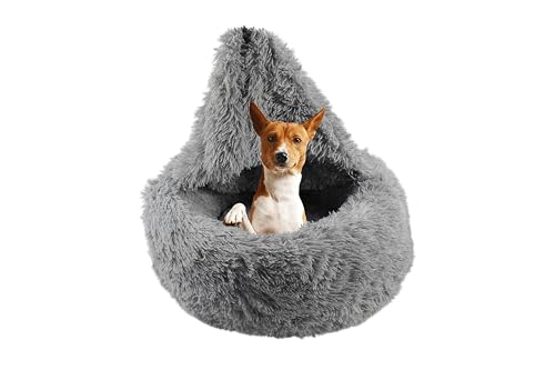 Greenrex Beruhigendes Hundebett, Plüsch-Donut-Hunde- und Katzenbett, gemütliches Hundebett mit angenähter Decke, Höhlenkuschelbett für Hunde und Katzen, flauschige Hundebetten für kleine, mittelgroße von Greenrex