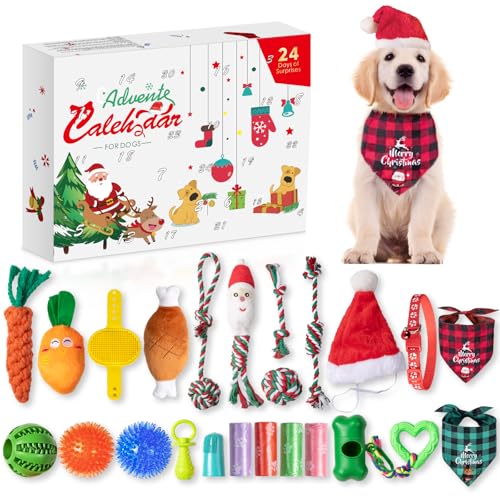 Adventskalender 2024, Hund Adventskalender 2024, 24 Tage Hundespielzeug Weihnachten Countdown Kalender mit Kauseilen Spielzeug Quietschende Bälle Beißspielzeug Weihnachten Spielzeug Geschenk für Xmas von Grenfield