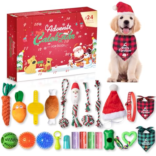 Grenfield Hund Adventskalender 2024, 24 Tage Hund Haustier Weihnachten Countdown Kalender mit Kauseilen Spielzeug, Quietschbälle Beißspielzeug, Weihnachten Hundespielzeug Adventskalender für Xmas von Grenfield