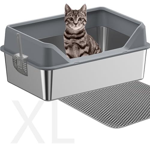 Grleice Katzentoilette aus Edelstahl, XL Metall-Katzentoilette für große Katze, extra große Katzentoilette mit hohen Seiten für hochpinkelnde Katze, leicht zu reinigen, antihaftbeschichtet, inklusive von Grleice