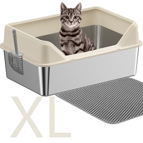 Grleice Katzentoilette aus Edelstahl, XL-Metall-Katzentoilette für große Katzen, extra große Katzentoilette mit hohen Seiten für hochpinkelnde Katzen, leicht zu reinigen, antihaftbeschichtet, von Grleice