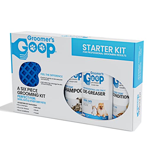 Groomers Goop Starter-Set, 6-teiliges Fellpflegeset für Hunde, Katzen, Welpen und Kätzchen, mit Fettlöser, Shampoo, Conditioner, Badematte, Fellpflegebürste und saugfähigem Handtuch von Groomer's GOOP