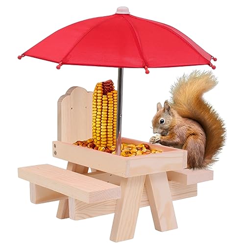 Eichhörnchen -Picknicktisch Feeder mit Regenschirm Holz Eichhörnchen -Feeder für außen niedliche Chipmunk -Feeder mit zwei Bänken Eichhörnchenhaus für kleine Tiere Blockfarbe Eichhörnchen -Feeder von Grtheenumb