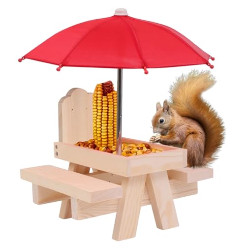 Eichhörnchen -Picknicktisch Feeder mit Regenschirm Holz Eichhörnchen -Feeder für außen niedliche Chipmunk -Feeder mit zwei Bänken Eichhörnchenhaus für kleine Tiere Blockfarbe Eichhörnchen -Feeder von Grtheenumb