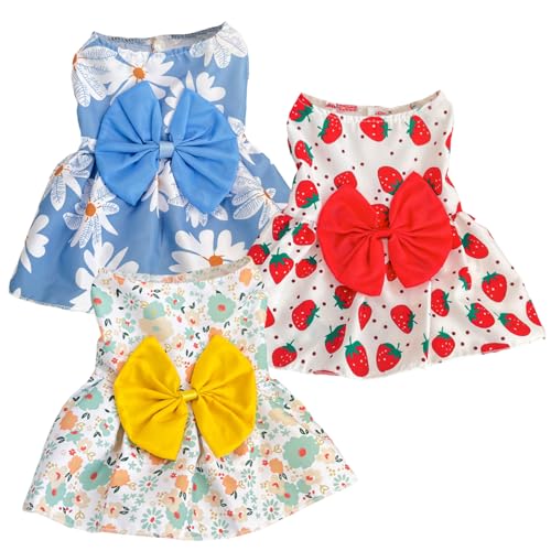 Mädchenhundkleidung, 3pcs Hundeger Kleid, Erdbeere, Blumen und Daisy Mädchenkleidung mit Bogendekor, Polyester für kleine Hunde von Grtheenumb