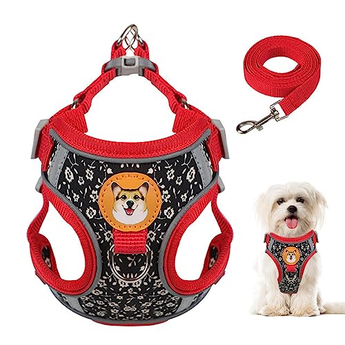 Hundegeschirr Reflektierend Hunde Geschirr,Guador Hundegeschirr Verstellbares Hunde Anti Zug Geschirr Hundegeschirr Kein Vest Harness Weich Gepolstert Hunde Geschirr Drucke Hundegeschirr mit Leine Set von Guador