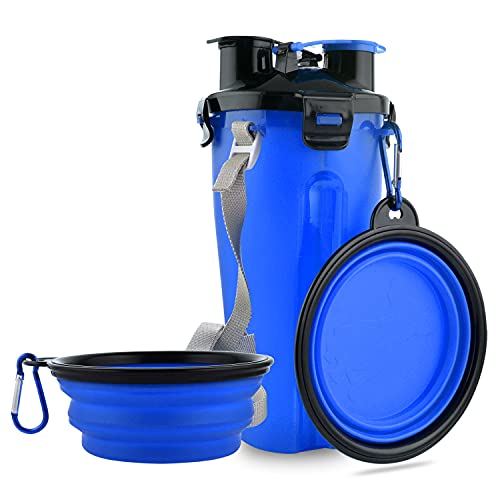 Guardians Reise-Wasserflasche für Hunde, zusammenklappbar, 2-in-1-Behälter für Tierfutter mit faltbaren Näpfen, tragbare Wassernäpfe für Spaziergänge, Reisen, Camping und Wandern (blau) von Guardians