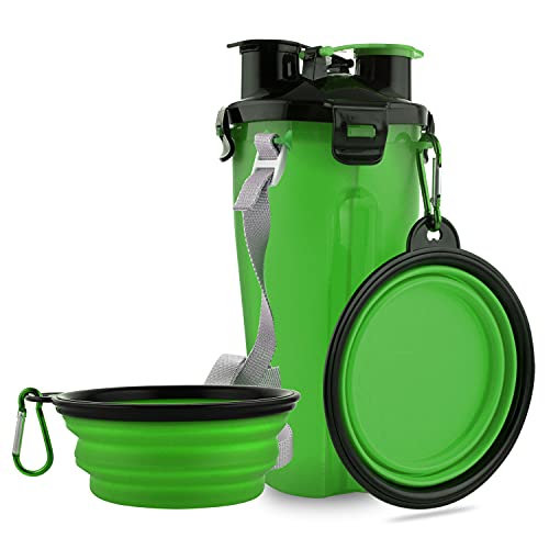 Guardians Reise-Wasserflasche für Hunde, zusammenklappbar, 2-in-1-Behälter für Tierfutter mit faltbaren Näpfen, tragbare Wassernäpfe für Spaziergänge, Reisen, Camping und Wandern (grün) von Guardians