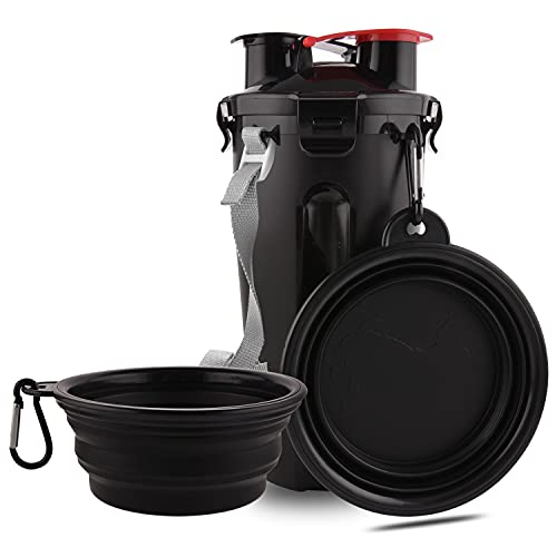 Guardians Reise-Wasserflasche für Hunde, zusammenklappbar, 2-in-1-Behälter für Tierfutter mit faltbaren Näpfen, tragbare Wassernäpfe für Spaziergänge, Reisen, Camping und Wandern (schwarz) von Guardians