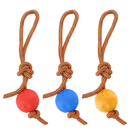 3 Stück Hundeball, Naturkautschuk Hundespielzeug Ball, Dreifarbige Hundespielzeug Ball mit Seil, Elastischer Wurfball für Hunde, Geeignet für Hunde Aller Größen - Rot, Gelb, Blau von Gudalea