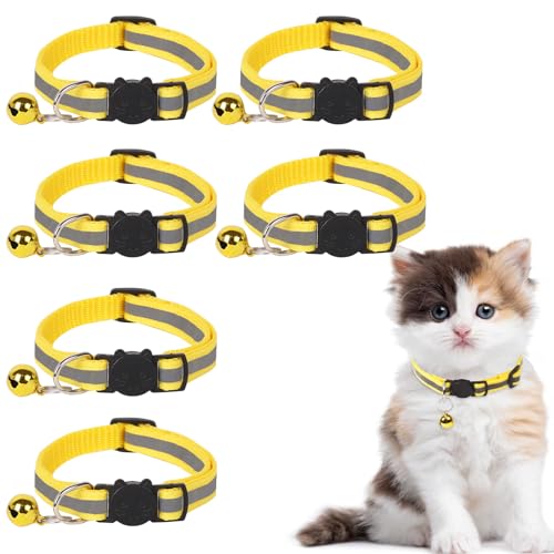 Guittly Katzenhalsband 6 Stück Reflektierend Katzenhalsbänder, Gelb Verstellbar Katzen Halsbänder mit Glocke und Sicherheitsverschluss für Kitten, Kleine Katze (Gelb, 6Stück) von Guittly