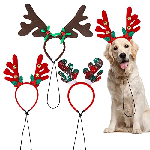 3 Stück Weihnachten Haustier Kopfbedeckung, Weihnachten Rentier Hund Stirnband Xmas Haar Schleife Fancy Kopfschmuck Urlaub Haustier Kostüm Accessoire für Katze und Welpe von Gukasxi