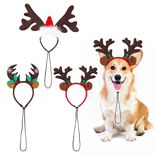 Gukasxi 3 Teilige Weihnachten Haustier Stirnband, Hund Weihnachten Elch Rentier Geweih Stirnbänder Set, Hund Xmas Haarband, Haustier Weihnachtshaar Accessoire Partyhüte, Weihnachts Haustier Kostüm von Gukasxi