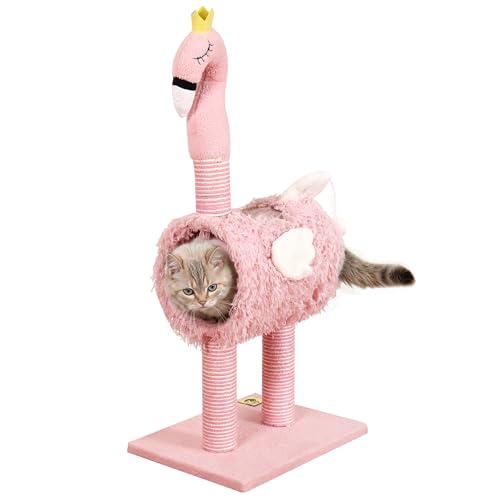 Niedlicher Flamingo Katzenkratzbaum für Indoor-Katzen, Weicher Plüschstoff & Natursisal Kletterkatzenturm mit baumelnder Glockenball - Interaktives Katzenspielzeug für Kätzchen und kleine Katzen von Gulf Coast Exotic Pets