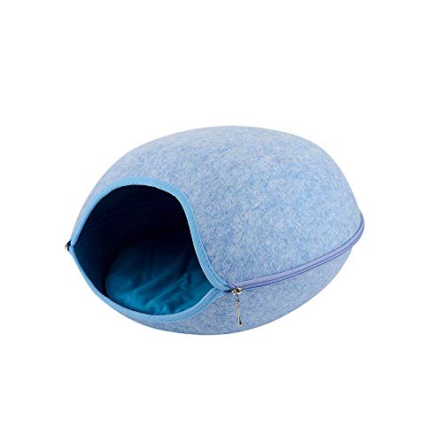 Gulunmun Abnehmbares Katzenbett Katzenhaus Katzenfilz aus Naturfilz Reißverschluss Munddurchmesser 22 / 26CM Kätzchenhöhle mit Kissen Katzen Haustierzubehör-B_Blue_M von Gulunmun