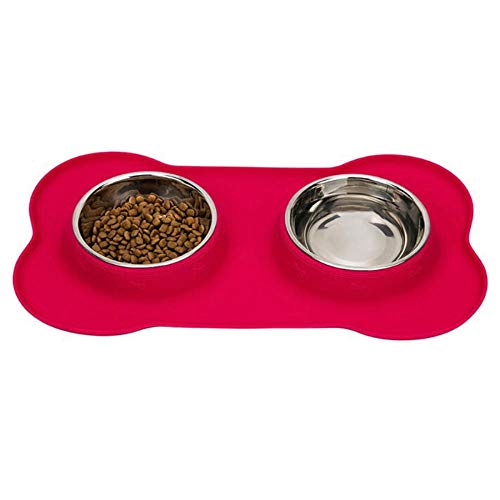 Gulunmun Fressnäpfe Für Hunde Fressnäpfe Für Katzen Silikon Knochenform Pet Tray Edelstahl Doppel Schüssel Hund Katze Futterautomat @ Pink, S von Gulunmun