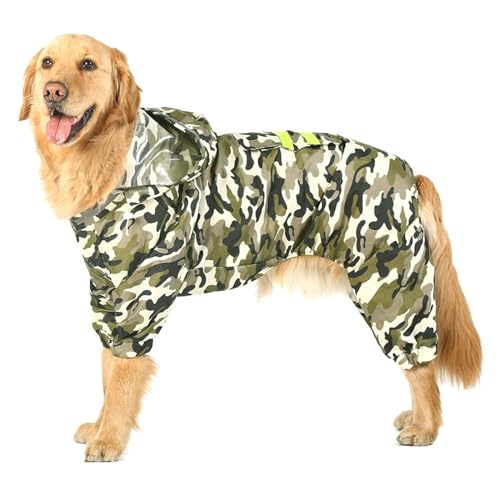 Gulunmun Outdoor-Regenmantel Für Große Hunde,Kleidung Für Große Hunde,Wasserdichter Haustiermantel,Regenjacke,Kapuzenpullover,Reflektierend,Mittelgroßer Hundeponcho Mit Vier Beinen,Tarnung,5XL von Gulunmun