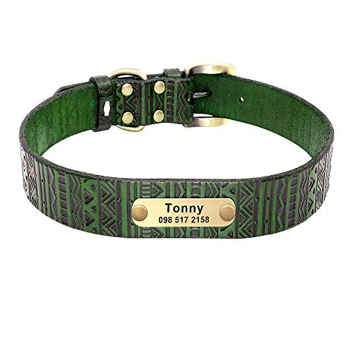 Gulunmun Personalisiertes Leder-Hundehalsband Verstellbares Haustier Graviertes Typenschildhalsband für kleine mittelgroße große Hunde Chihuahua French Bulldog-Green_Collar_XL von Gulunmun