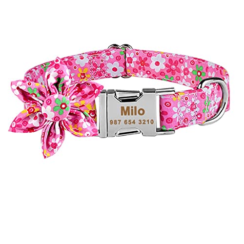 Individuell graviertes Namensschild Personalisiertes Hundehalsband Verstellbares Nylon Plaid Unisex Hundehalsband Kleines Großes Produkt Hundehalsbänder,rosa Blume,S von Gulunmun