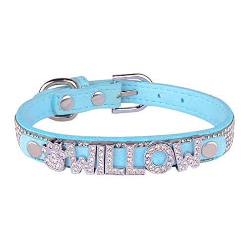 Leder Custom Hundehalsband Bling Strass Katzenhalsband DIY Unisex Personalisierter Name Hundehalsband Puppy Small Medium Pet Collar,Blau,M(32-38cm) von Gulunmun