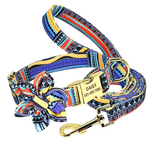 Gulunmun Personalisierte Hundehalsband Nylon Pet ID Halsbänder mit angepassten Tag Schnalle Blumenzubehör für kleine mittelgroße Hunde Bulldog-Blue_Set_S von Gulunmun