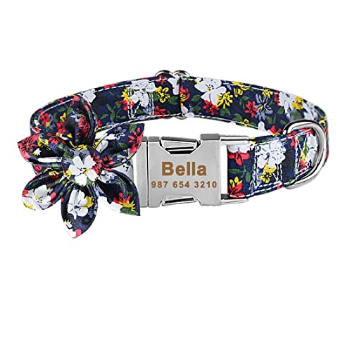 Personalisierte benutzerdefinierte gravierte Namensschild Hundehalsband verstellbares Nylon Plaid Unisex Hundehalsband kleines großes Produkt Hundehalsbänder,Schwarze Blume,S von Gulunmun