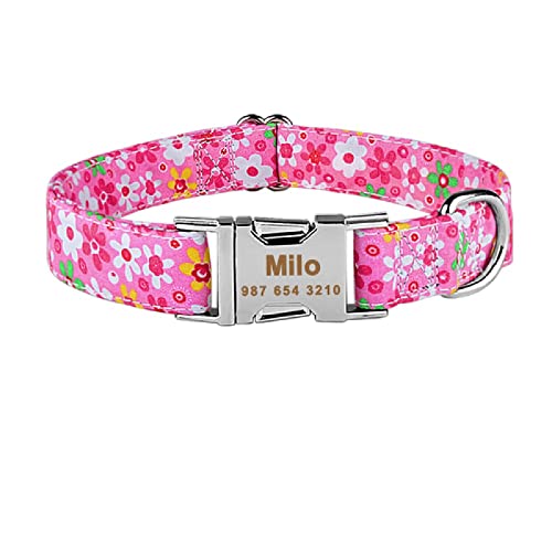 Personalisierte verstellbare Nylon schöne benutzerdefinierte Hund gravierte Name Hundehalsband Welpen klein mittelgroß Unisex Hundehalsband Halskette Tag, rosa Blume, L von Gulunmun