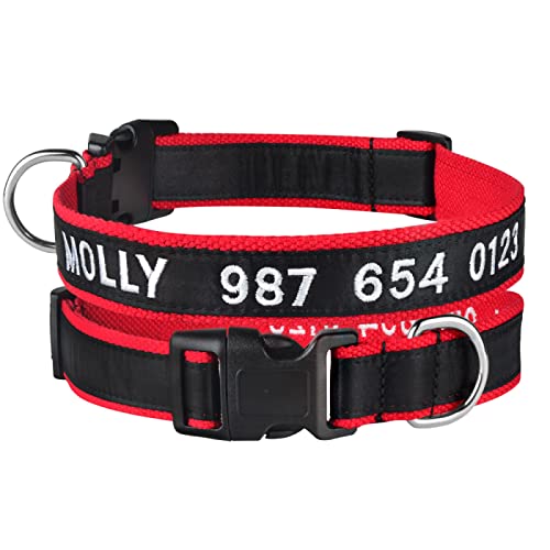 Personalisiertes Hundehalsband Reine Baumwolle Haustierhalsbänder Verstellbares Welpen-Namensschild ID-Halsband Klein Mittel Groß Nylon Bestickt Individuell,Rot,S von Gulunmun