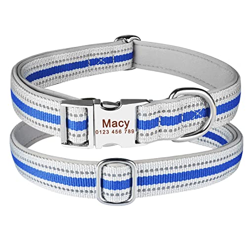 Personalisiertes Hundehalsband aus reflektierendem Nylon, klein, groß, mit eingraviertem Welpennamen, Blau, M 36-55 cm von Gulunmun