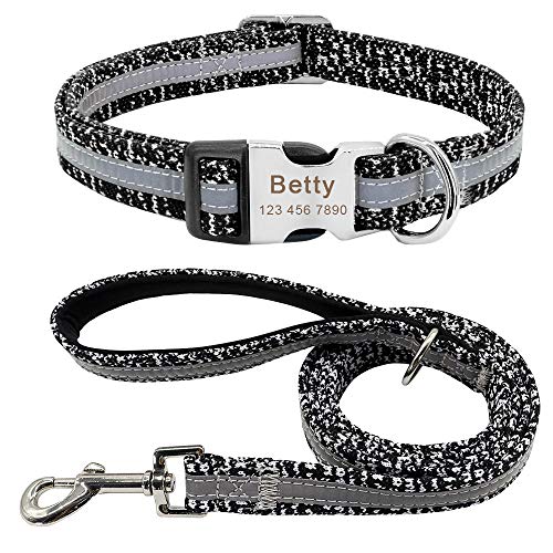 Reflektierendes personalisiertes Hundehalsband und Leinen-Set Benutzerdefinierte Hunde-ID-Tag-Halsbänder Gravur für kleine mittelgroße Hunde-Black_L von Gulunmun